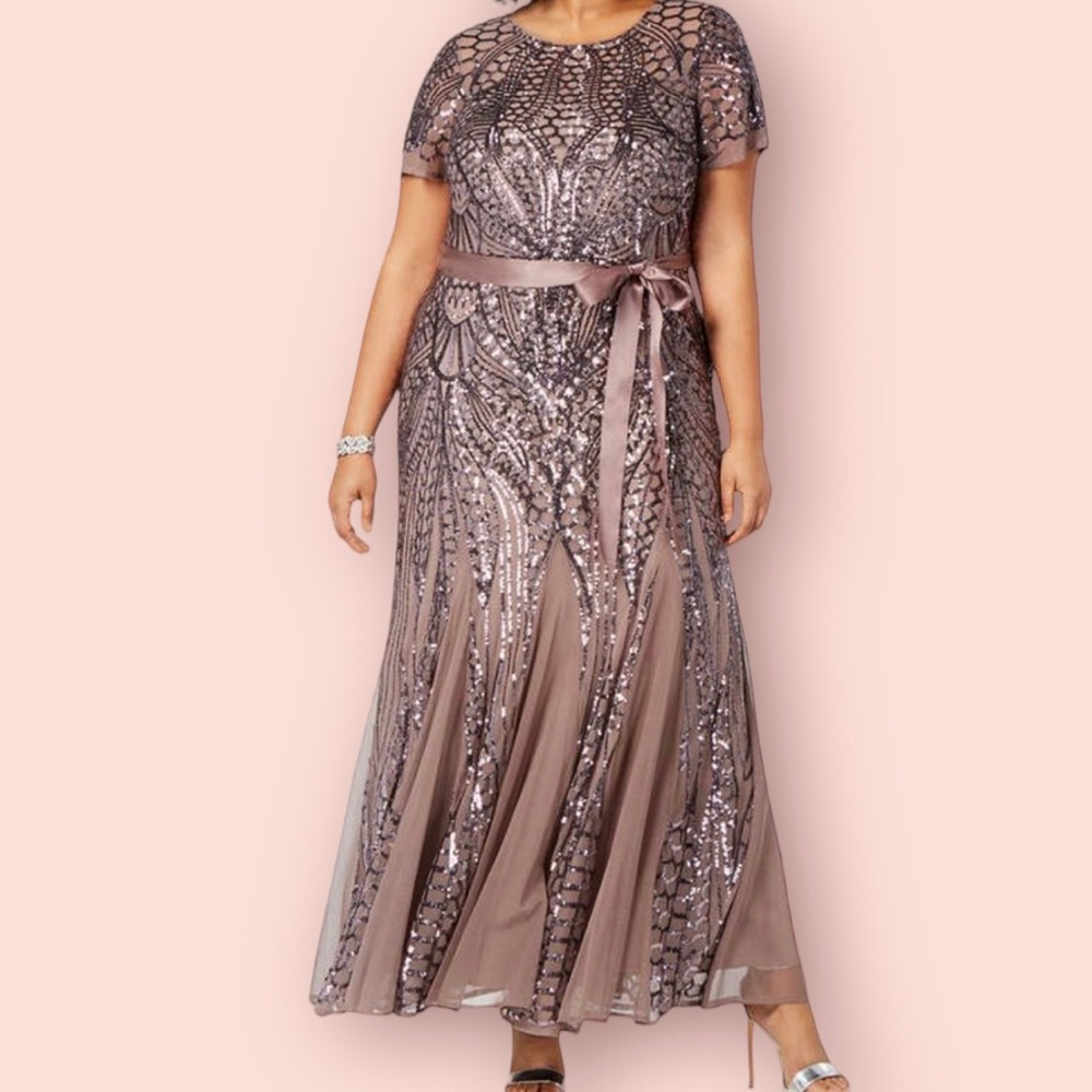 R&M Richards Dusty Mauve Sequin-Embellished Maxi Dress